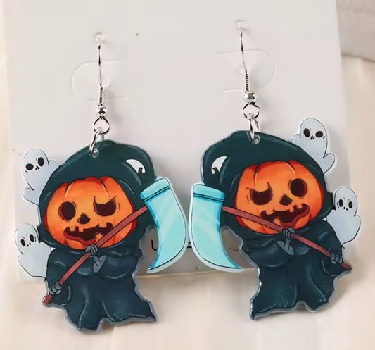 PREORDER Halloween Jack O Lantern Grim Reeper Acrylic Dangle Earrings