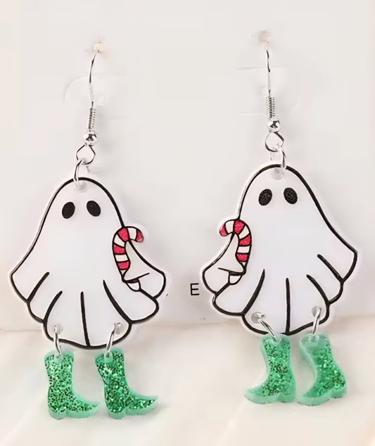 PREORDER Christmas Green Boots Candy Cane Ghost Acrylic Dangle Earrings
