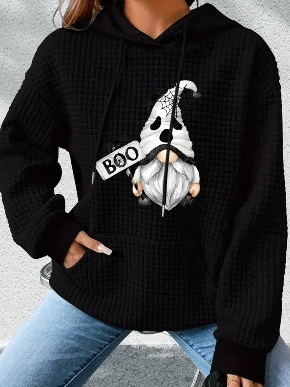PREORDER Halloween Boo Gnome Knit Waffle Pullover Hooded Sweater