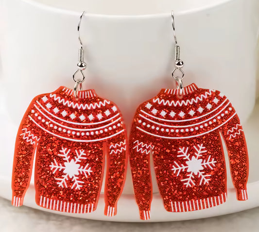 PREORDER Christmas Red Snowflake Sweater Acrylic Dangle Earrings
