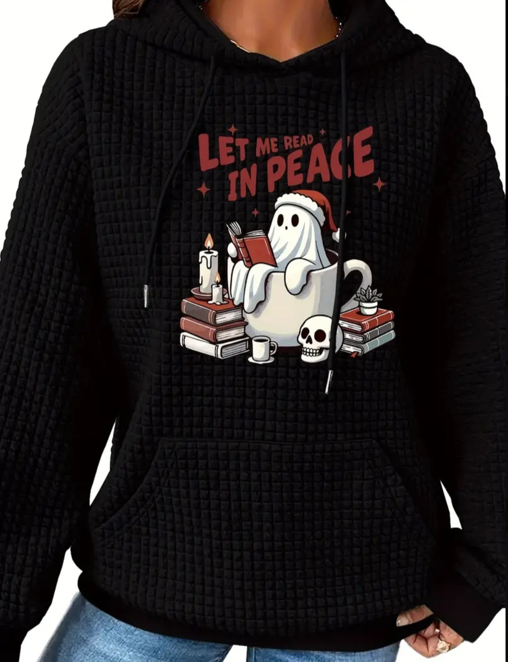 PREORDER Halloween Let Me Read In Peace Knit Waffle Pullover Hooded Sweater
