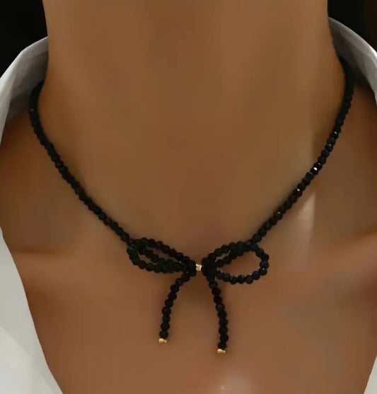 PREORDER Black Bow Beaded Necklace