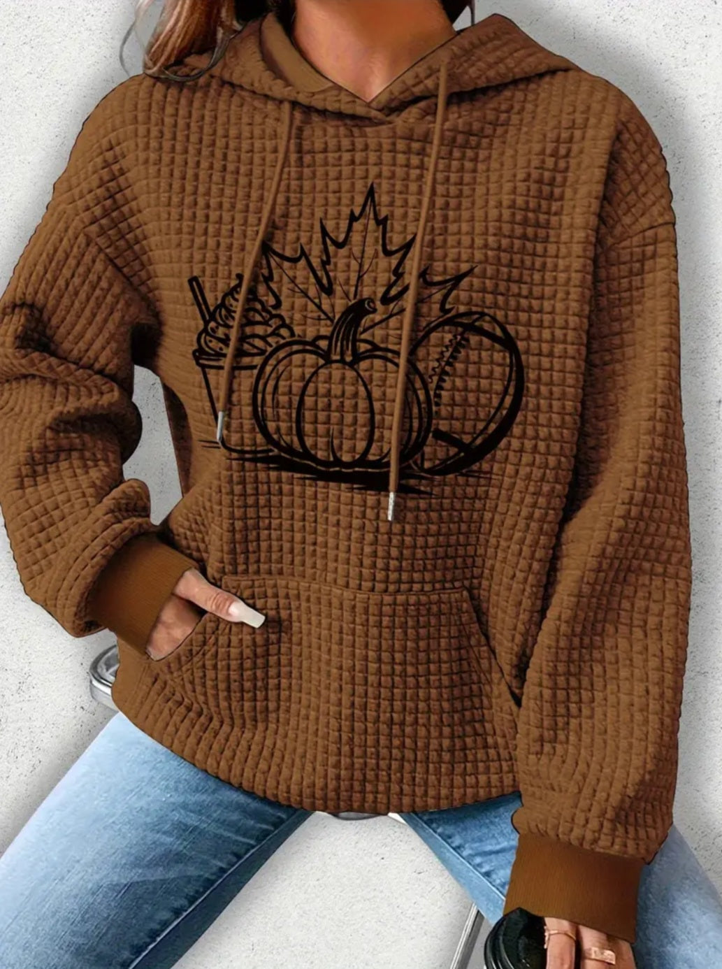 PREORDER Halloween Pumpkin Spice & Football Knit Waffle Pullover Hooded Sweater