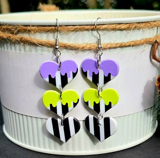 HALLOWEEN Purple, Green, Black Stripe Heart Acrylic Dangle Earrings