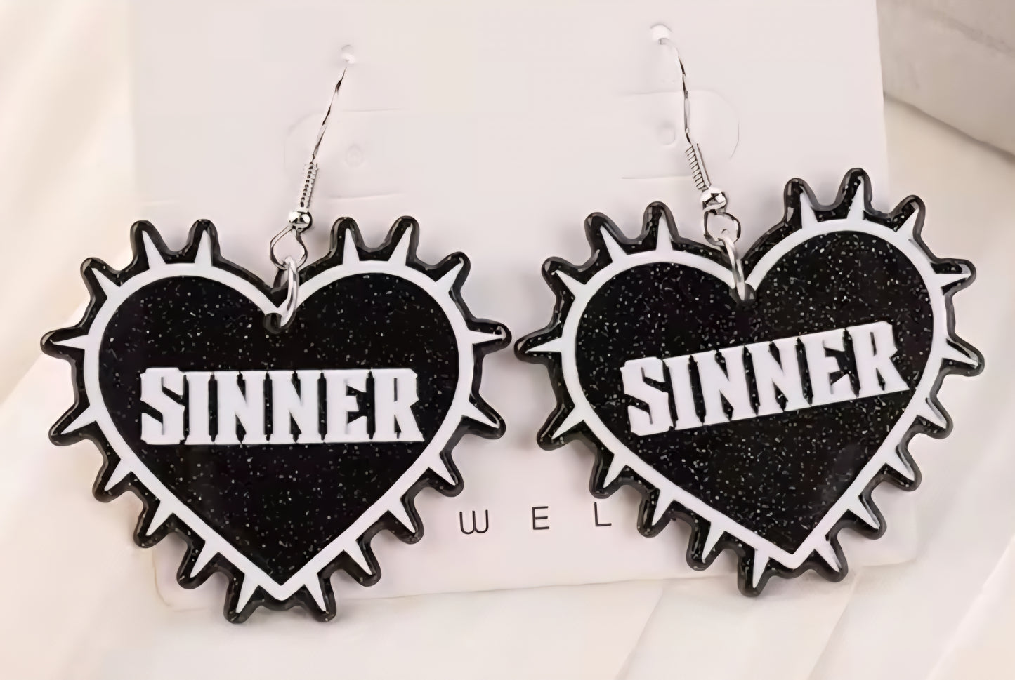 PREORDER Halloween Black Heart Sinner Acrylic Dangle Earrings