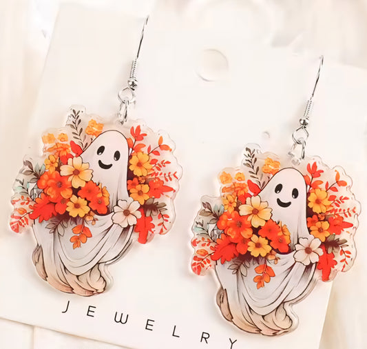 PREORDER Halloween Vintage Floral Ghost Acrylic Dangle Earrings