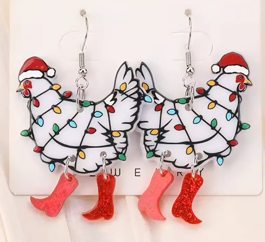 PREORDER Christmas Lights Red Boot Chicken Acrylic Dangle Earrings