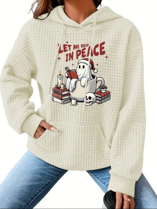 PREORDER Halloween Let Me Read In Peace Knit Waffle Pullover Hooded Sweater