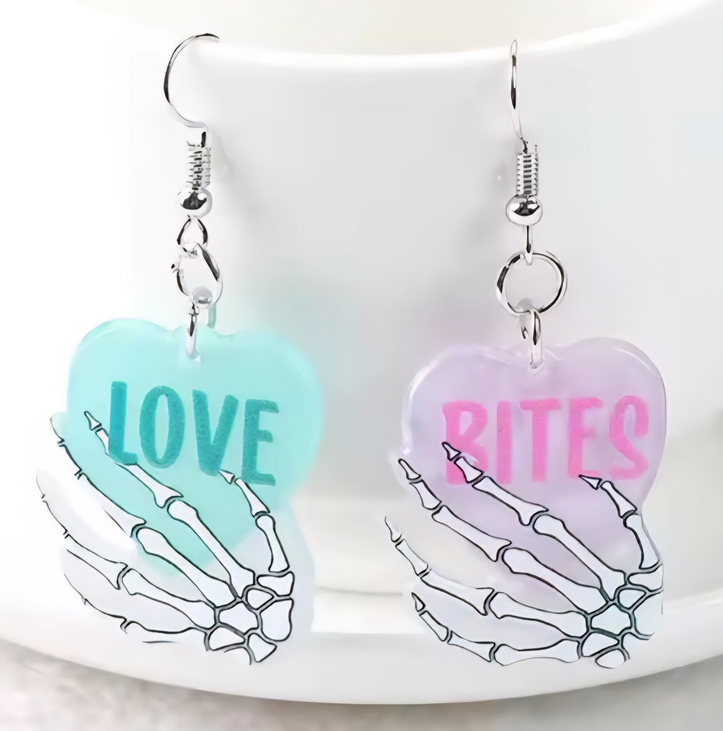 PREORDER Halloween Love Bites Skeleton Heart Acrylic Dangle Earrings