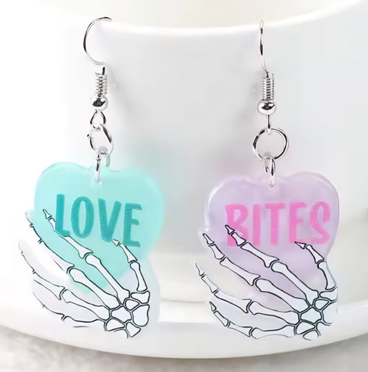 PREORDER Halloween Love Bites Skeleton Heart Acrylic Dangle Earrings