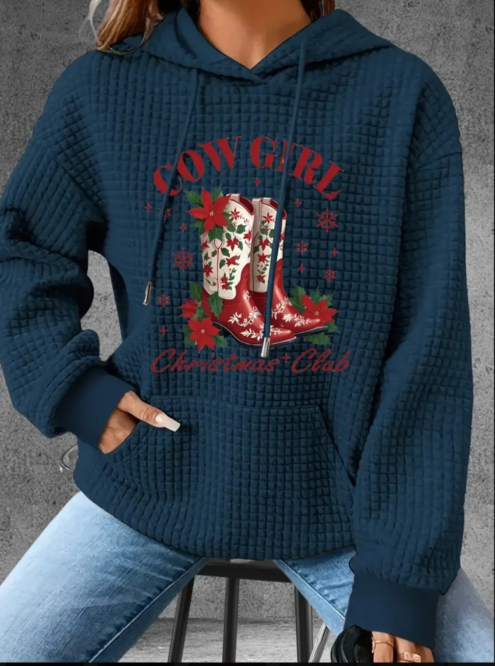PREORDER Christmas Cow Girl Christmas Club Knit Waffle Pullover Hooded Sweater