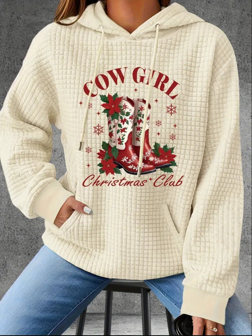PREORDER Christmas Cow Girl Christmas Club Knit Waffle Pullover Hooded Sweater