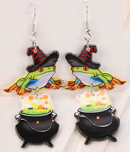 PREORDER Christmas Witch Frog Cauldron Acrylic Dangle Earrings