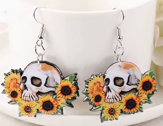 PREORDER Halloween Skeleton Sunflowers Acrylic Dangle Earrings