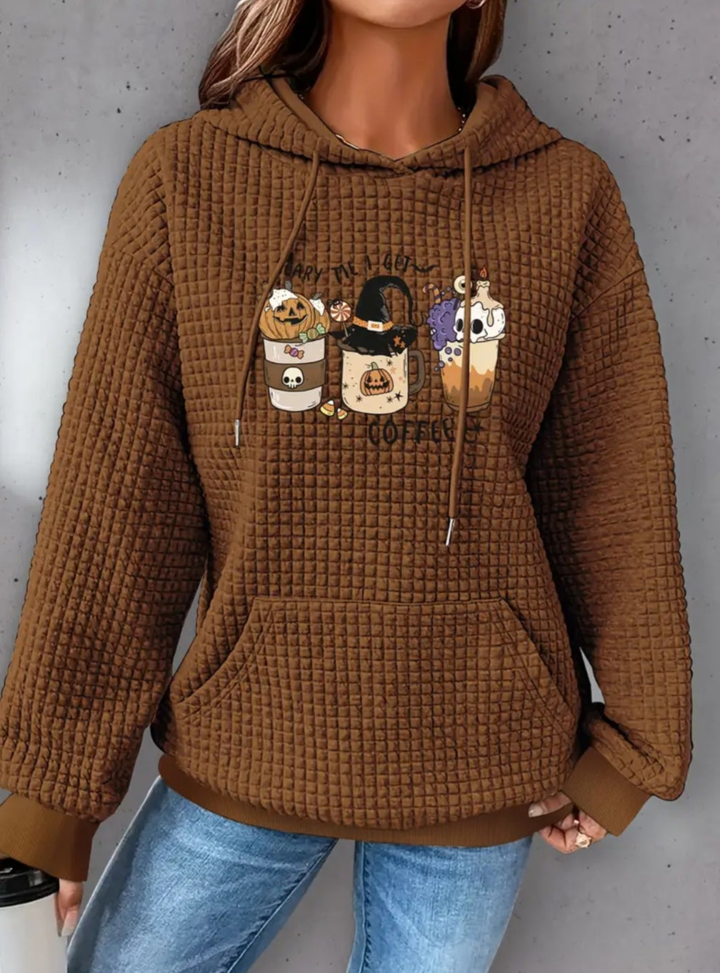PREORDER Halloween Scary Till I Get My Coffee Knit Waffle Pullover Hooded Sweater