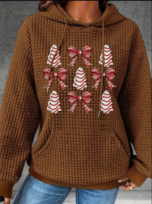 PREORDER White Christmas Tree & Bows Knit Waffle Pullover Hooded Sweater