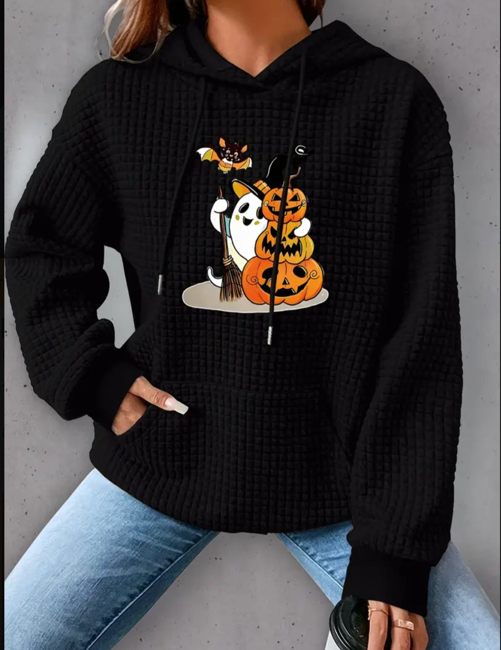 PREORDER Halloween Jack O Lantern Witch Ghost Knit Waffle Pullover Hooded Sweater