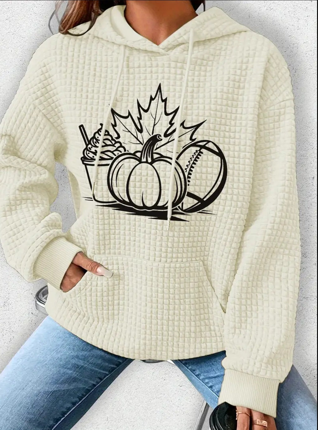 PREORDER Halloween Pumpkin Spice & Football Knit Waffle Pullover Hooded Sweater