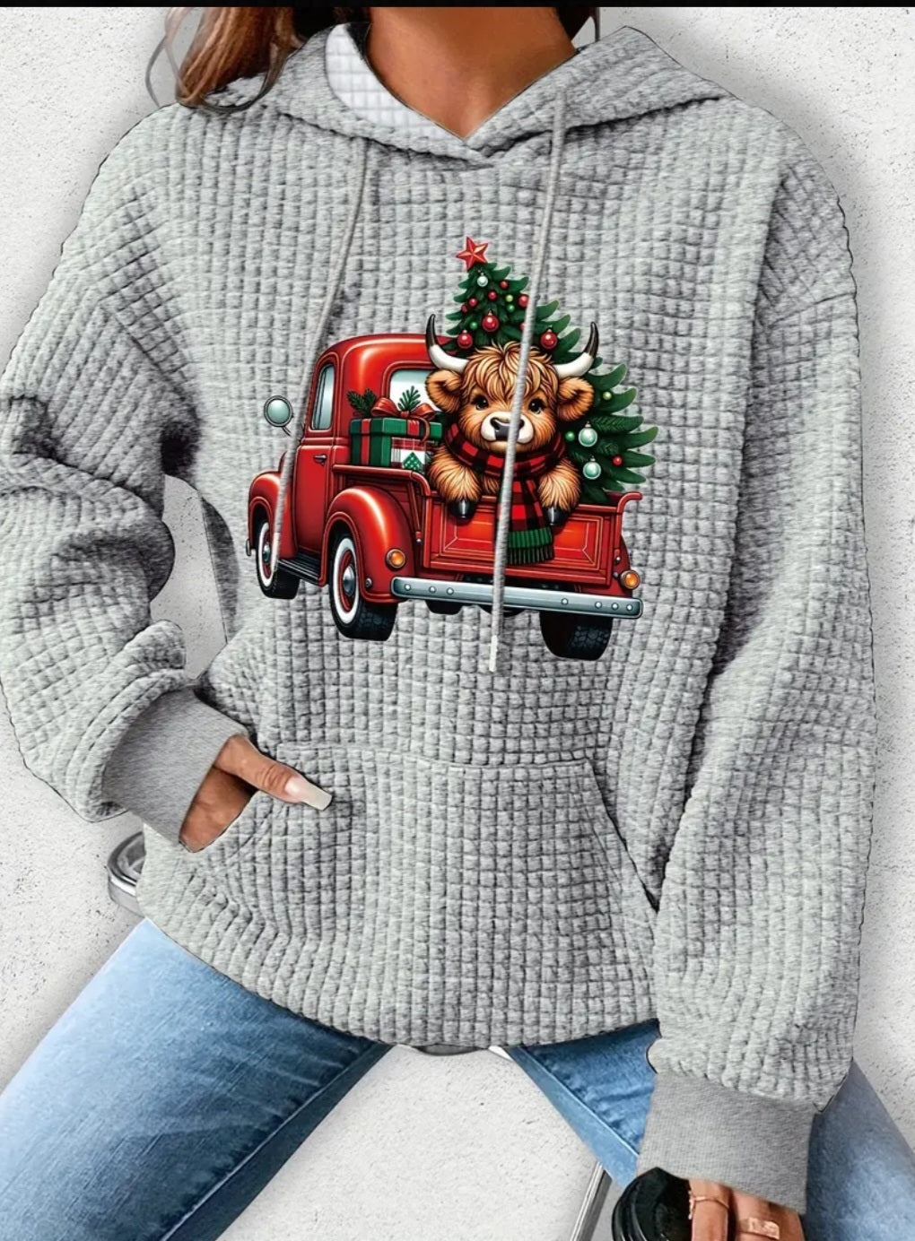 PREORDER Christmas Red Truck & Highlander Cow Knit Waffle Pullover Hooded Sweater
