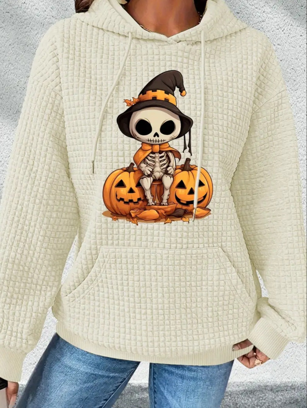 PREORDER Halloween Skeleton Jack O Lantern Knit Waffle Pullover Hooded Sweater