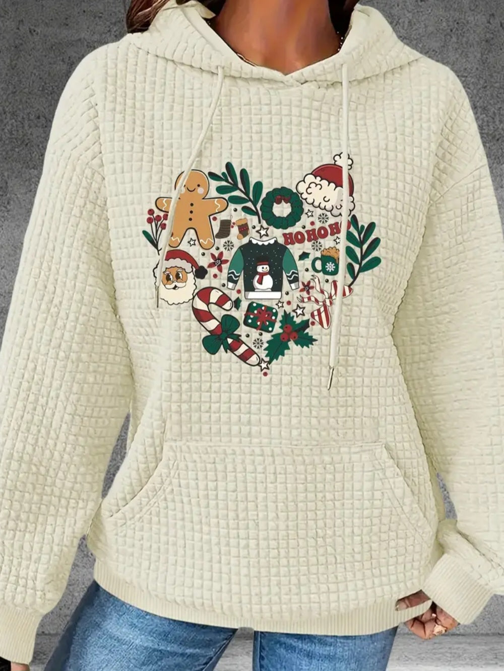 PREORDER Christmas Heart Knit Waffle Pullover Hooded Sweater