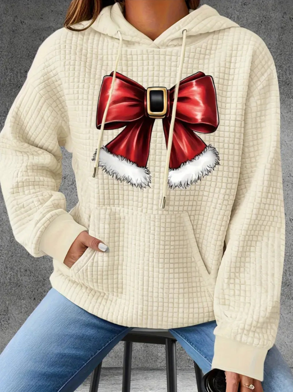 PREORDER Christmas Santa Bow Knit Waffle Pullover Hooded Sweater