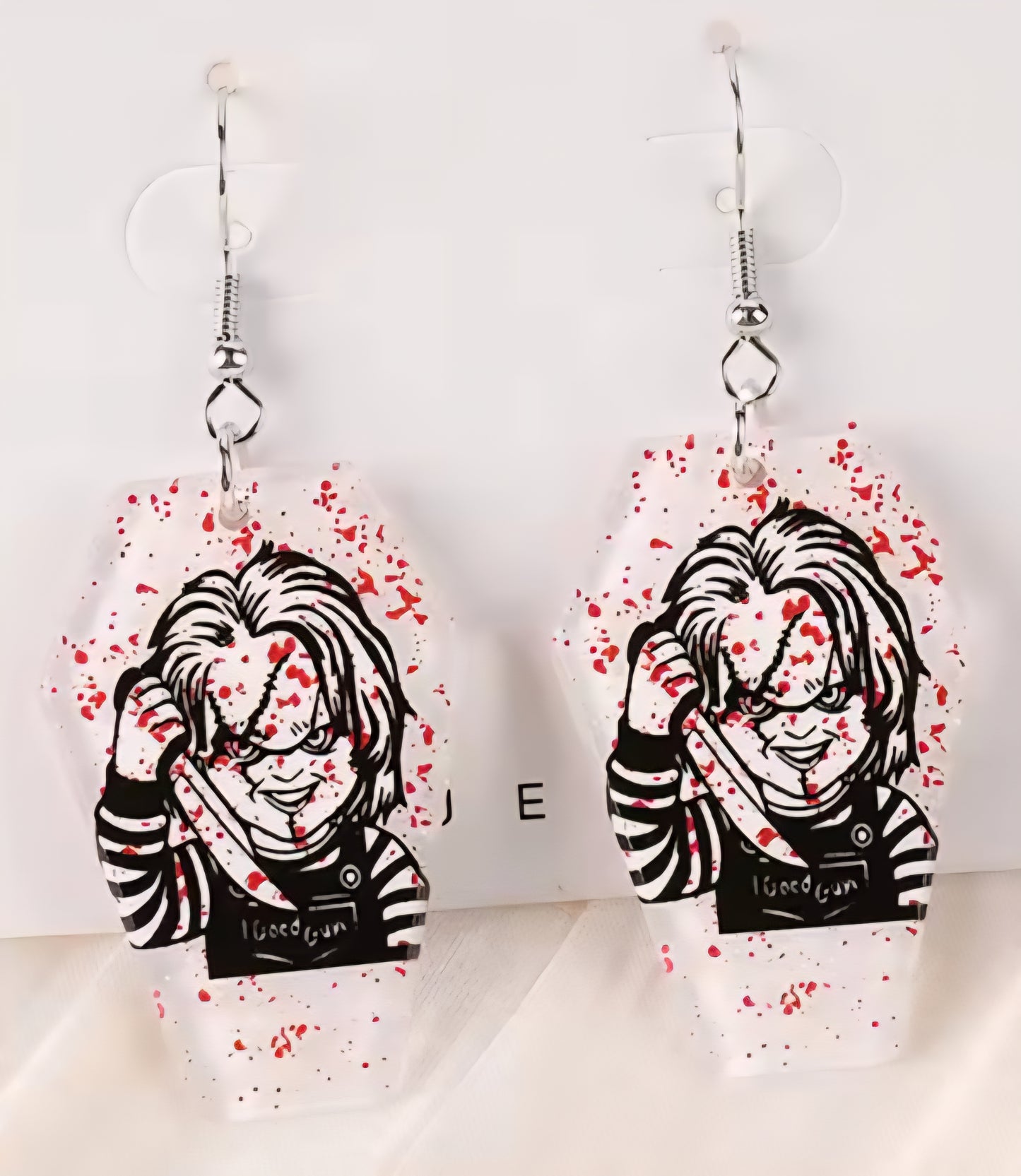 PREORDER Halloween Chucky Blood Splatter Coffin Acrylic Dangle Earrings