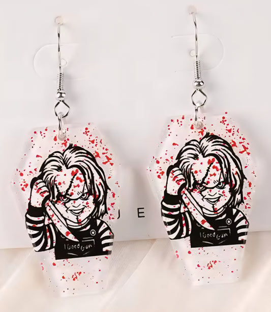 PREORDER Halloween Chucky Blood Splatter Coffin Acrylic Dangle Earrings