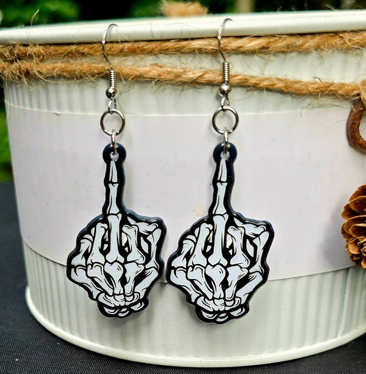 HALLOWEEN Middle Finger Skeleton Acrylic Dangle Earrings
