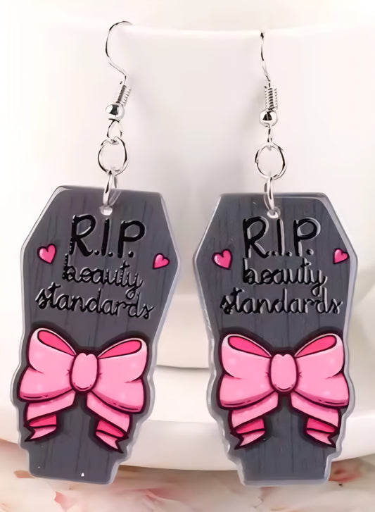 PREORDER Halloween RIP Beauty Standards Acrylic Dangle Earrings