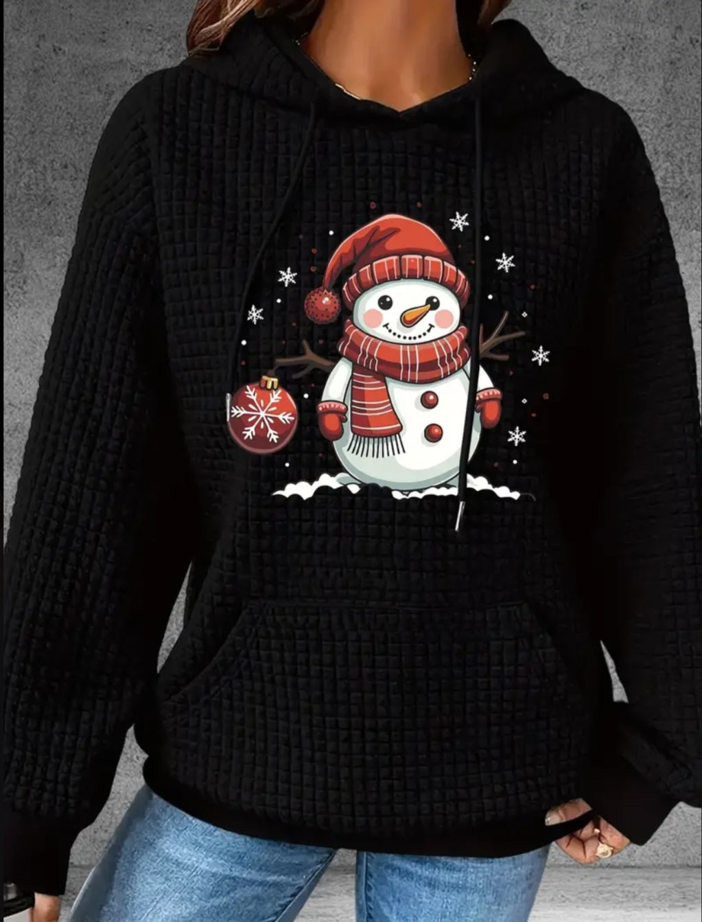 PREORDER Christmas Snowflake Snowman Knit Waffle Pullover Hooded Sweater