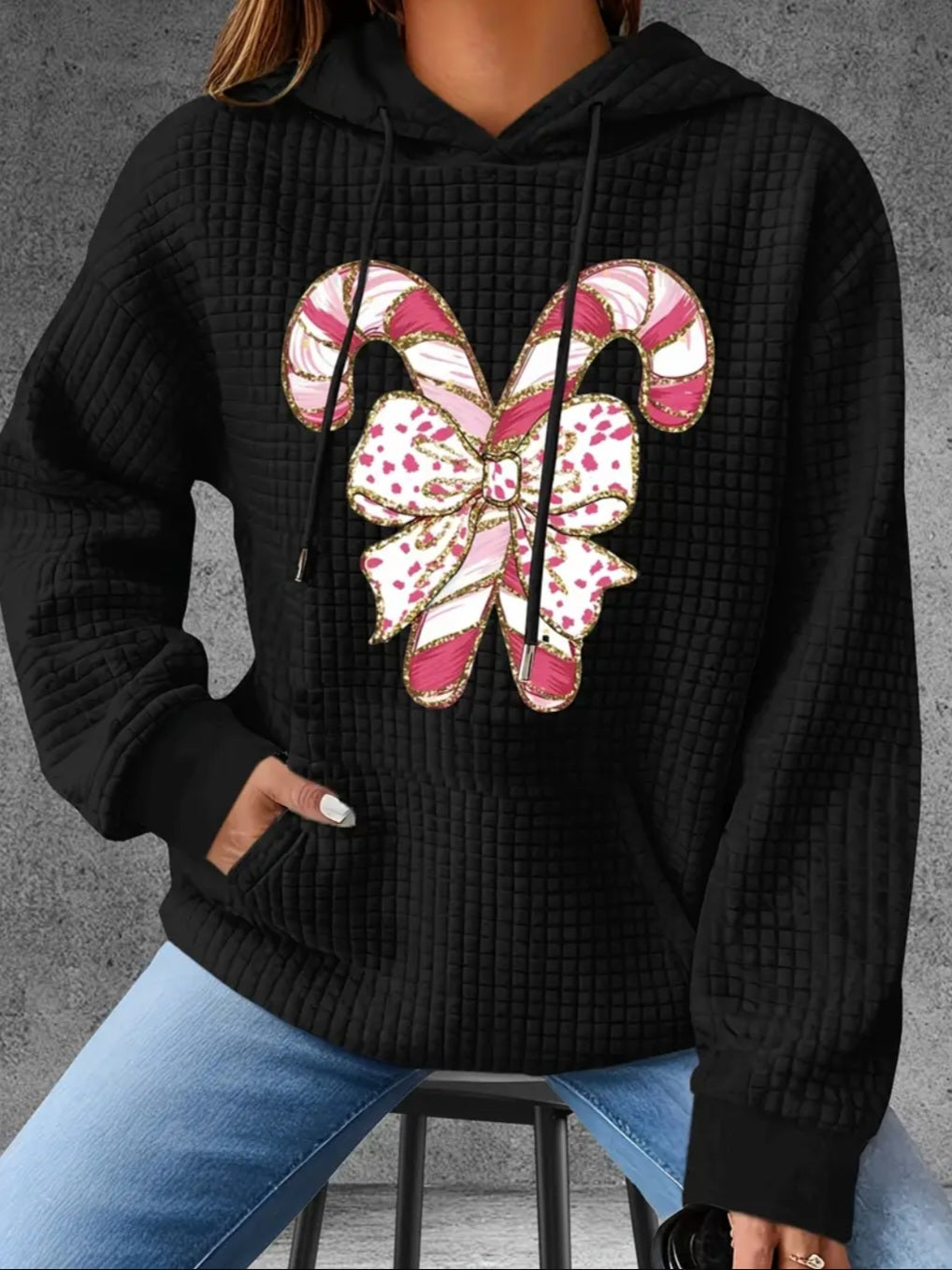 PREORDER Christmas Pink Candy Canes Knit Waffle Pullover Hooded Sweater