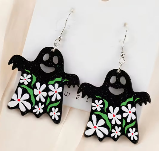 PREORDER Halloween Black Floral Ghost Acrylic Dangle Earrings
