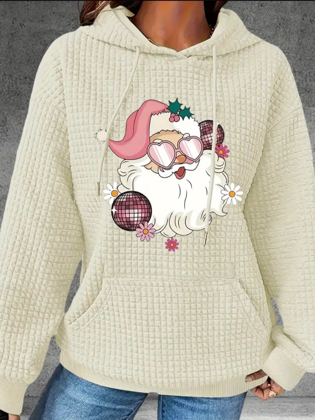PREORDER Christmas Pink Disco Santa Knit Waffle Pullover Hooded Sweater