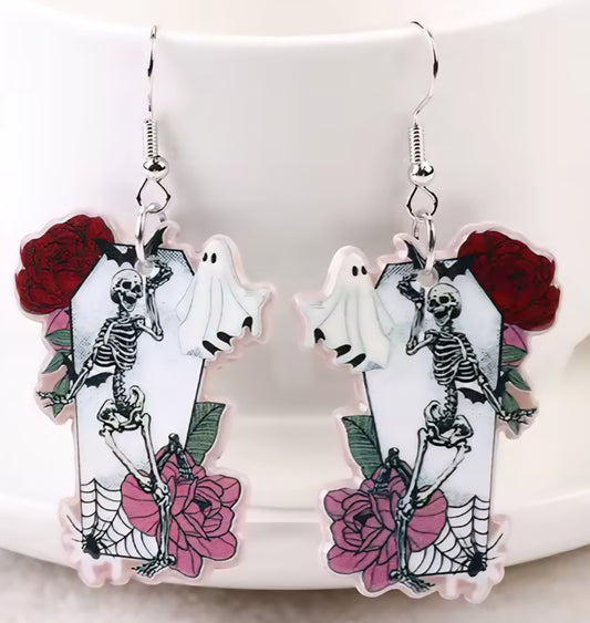 PREORDER Halloween Skeleton & Roses Acrylic Earrings