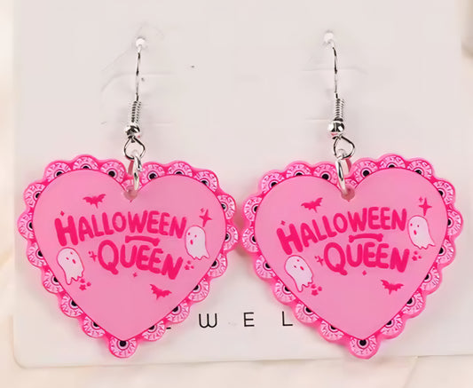 PREORDER Halloween Pink Halloween Queen Heart Acrylic Dangle Earrings