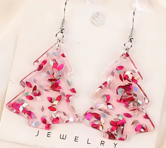 PREORDER Christmas Pink Flake Tree Acrylic Dangle Earrings