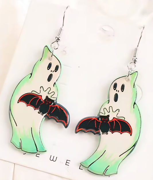 PREORDER Halloween Green Ghost With Bat Dangle Earrings