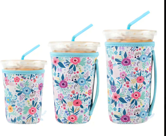 PREORDER Blue Flower Handle Ice Coffee Sleeve- 3 Pack.