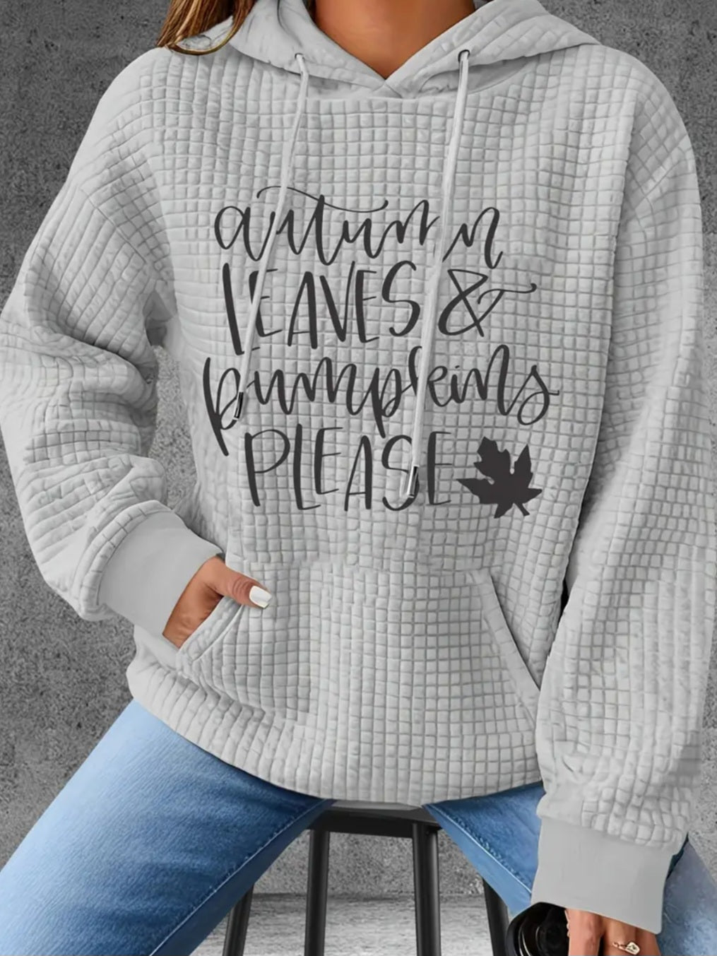 PREORDER Halloween Autumn Leaves & Pumpkins Please Knit Waffle Pullover Hooded Sweater