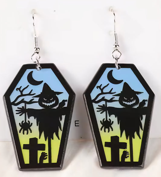 PREORDER Halloween Scarecrow Coffin Ombre Acrylic Dangle Earrings
