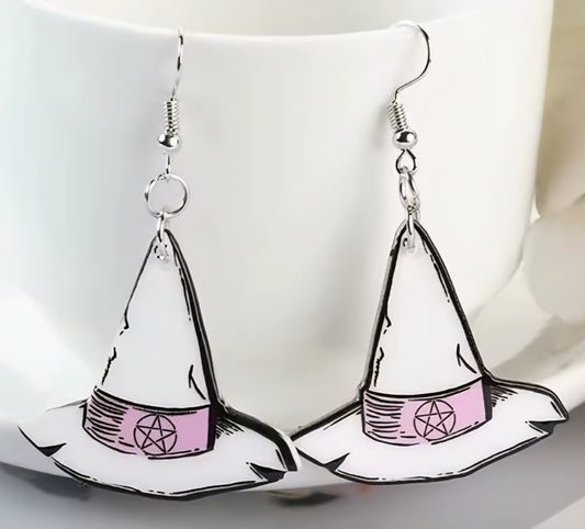 PREORDER Halloween White Witch Hat Dangle Earrings