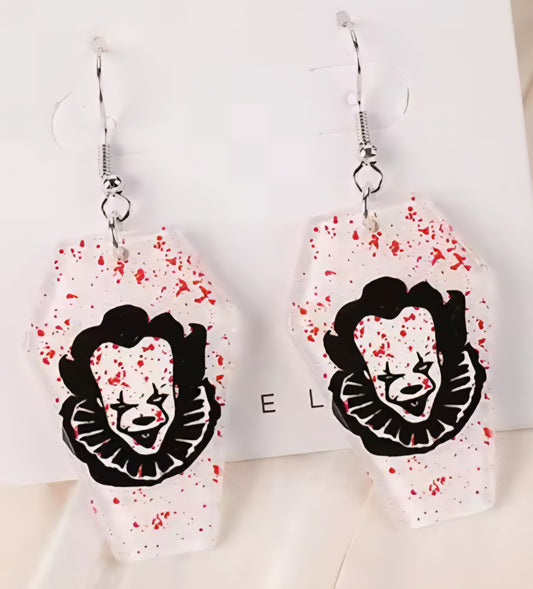 PREORDER Halloween Pennywise Blood Splatter Coffin Acrylic Dangle Earrings