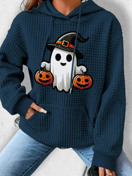 PREORDER Halloween Boujee Ghost Trick Or Treat Jack O Lantern Knit Waffle Pullover Hooded Sweater