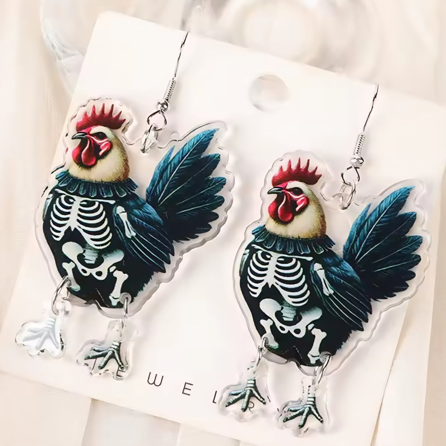 PREORDER Halloween Skeleton Chicken Acrylic Dangle Earrings