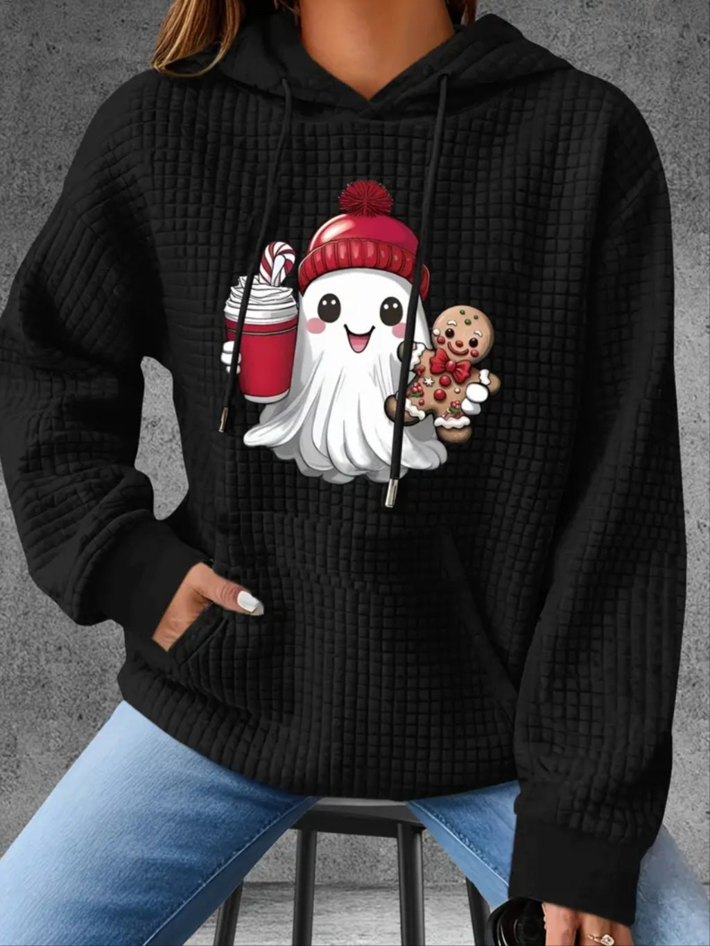 PREORDER Gingerbread & Frappe Ghost Knit Waffle Pullover Hooded Sweater