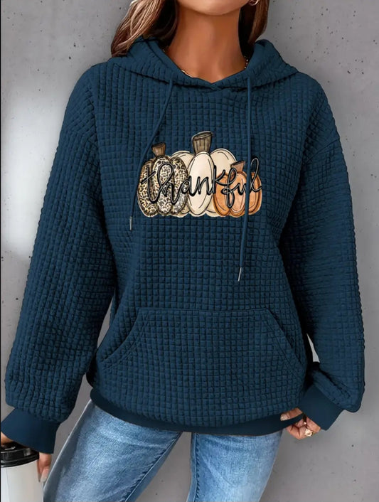 PREORDER Halloween Thankful Leopard Pumpkin Knit Waffle Pullover Hooded Sweater