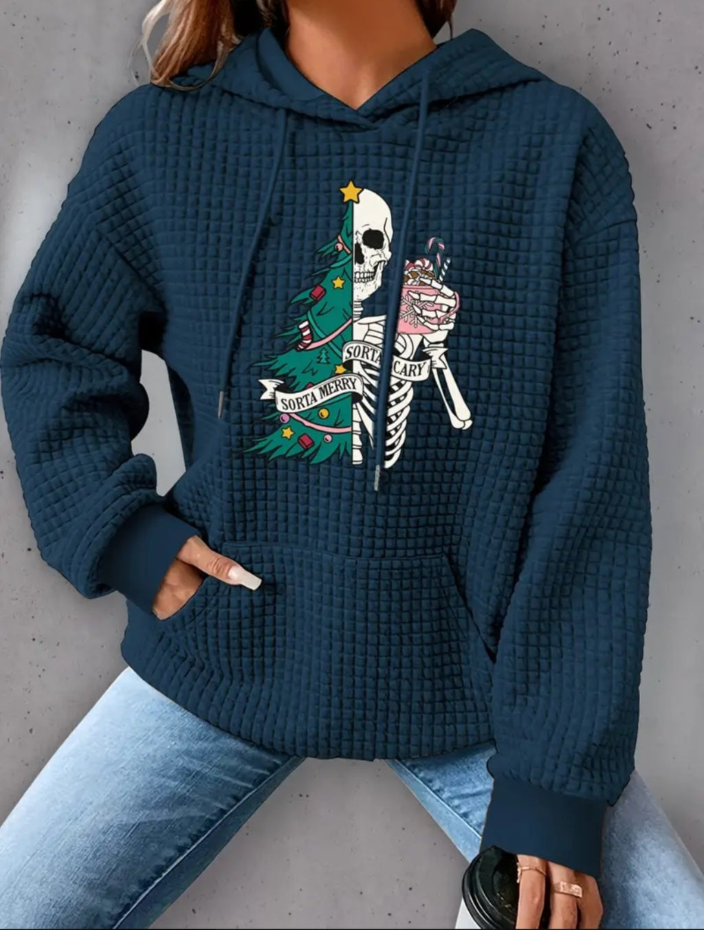 PREORDER Halloween Sorta Merry Sorta Scary Knit Waffle Pullover Hooded Sweater