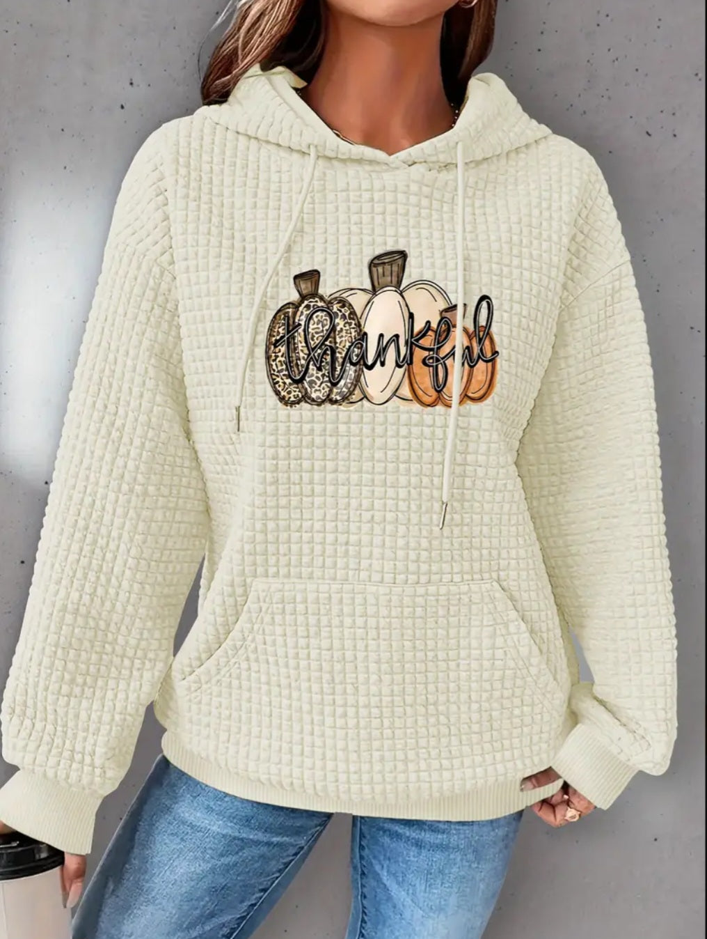 PREORDER Halloween Thankful Leopard Pumpkin Knit Waffle Pullover Hooded Sweater