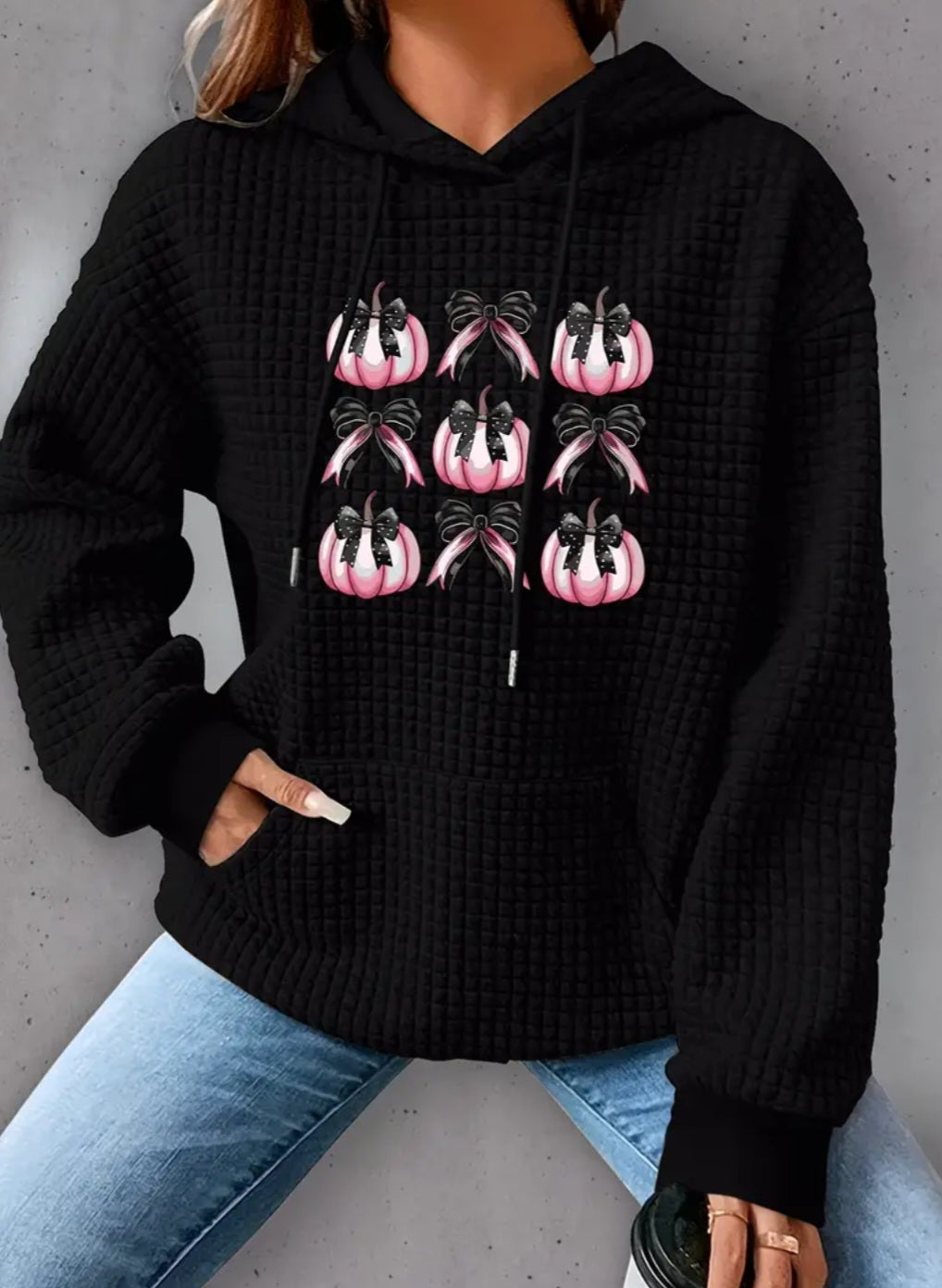 PREORDER Halloween Pink Pumpkin & Bows Knit Waffle Pullover Hooded Sweater